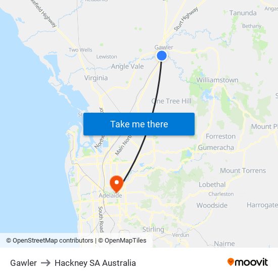 Gawler to Hackney SA Australia map