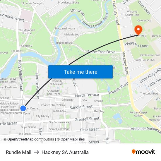 Rundle Mall to Hackney SA Australia map