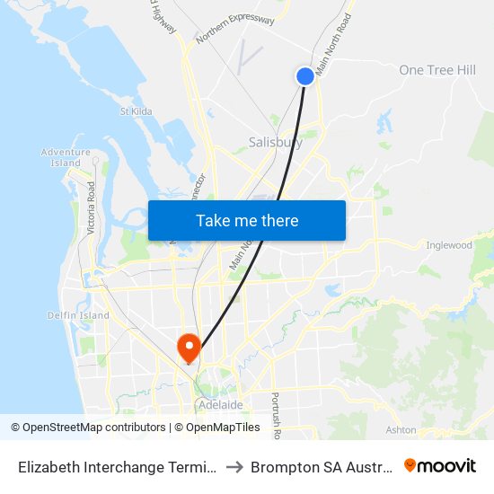 Elizabeth Interchange Terminus to Brompton SA Australia map