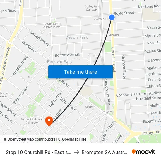Stop 10 Churchill Rd - East side to Brompton SA Australia map