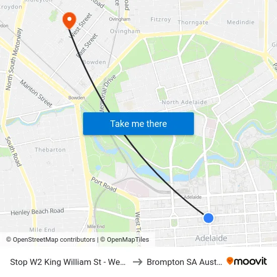 Stop W2 King William St - West side to Brompton SA Australia map