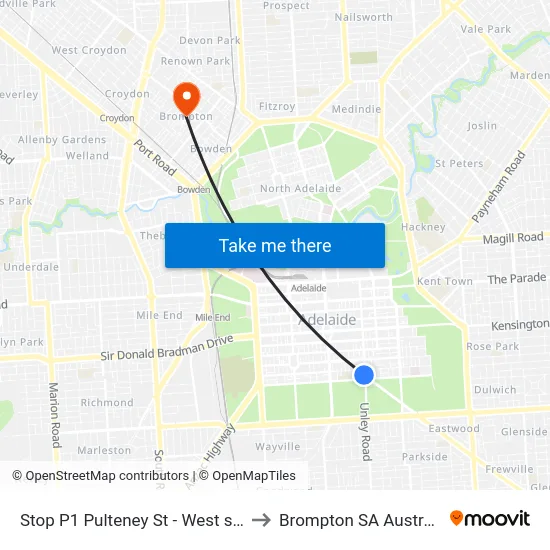 Stop P1 Pulteney St - West side to Brompton SA Australia map