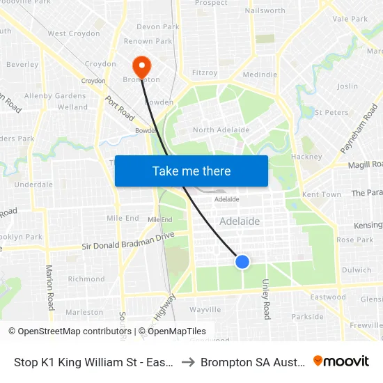 Stop K1 King William St - East side to Brompton SA Australia map