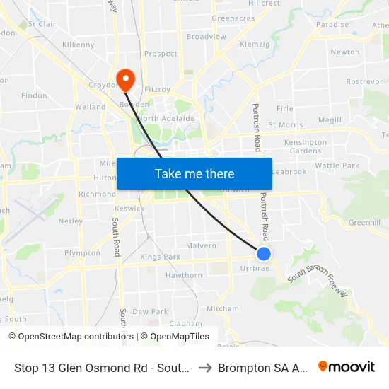 Stop 13 Glen Osmond Rd - South West side to Brompton SA Australia map