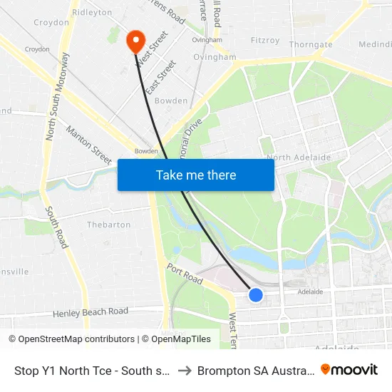 Stop Y1 North Tce - South side to Brompton SA Australia map