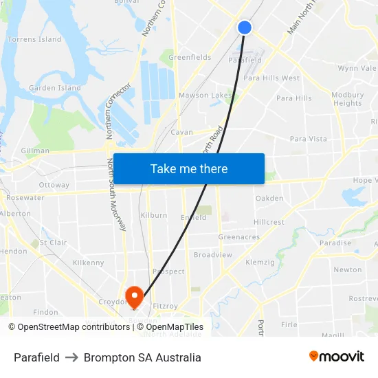 Parafield to Brompton SA Australia map