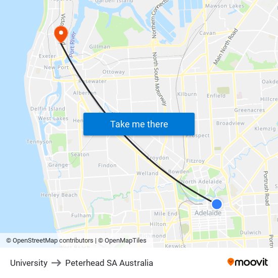 University to Peterhead SA Australia map