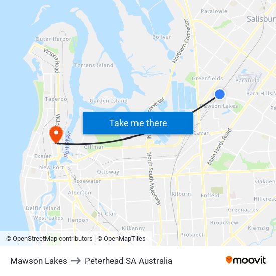 Mawson Lakes to Peterhead SA Australia map
