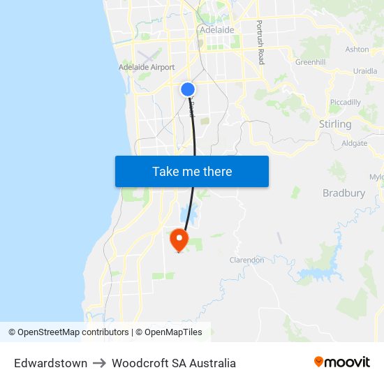 Edwardstown to Woodcroft SA Australia map