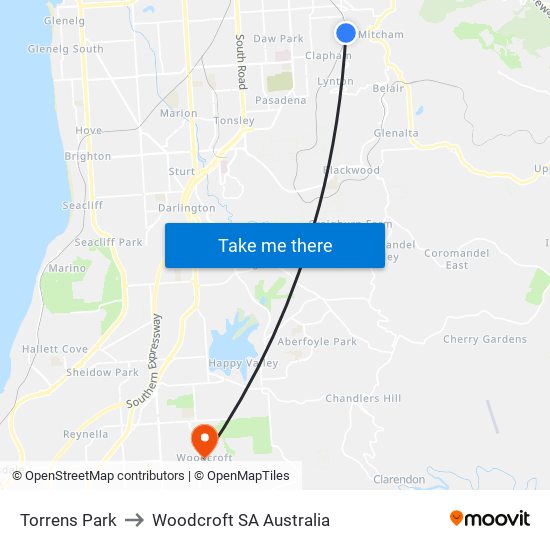 Torrens Park to Woodcroft SA Australia map