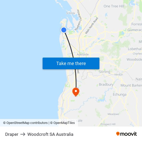 Draper to Woodcroft SA Australia map