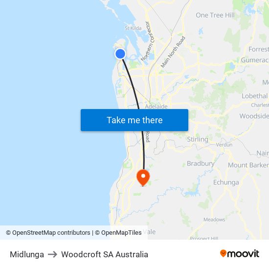 Midlunga to Woodcroft SA Australia map