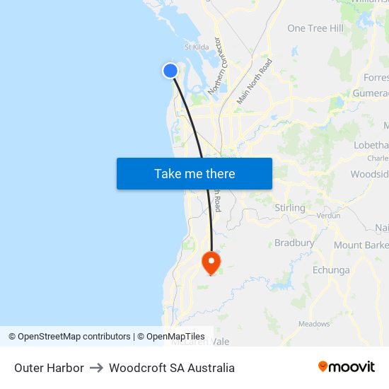 Outer Harbor to Woodcroft SA Australia map