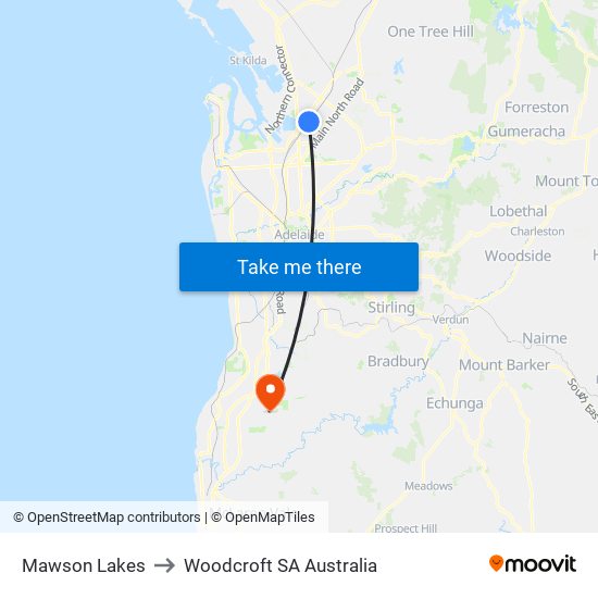 Mawson Lakes to Woodcroft SA Australia map