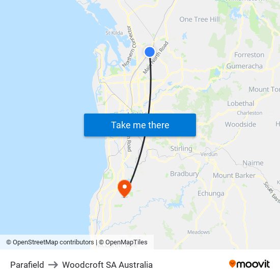 Parafield to Woodcroft SA Australia map