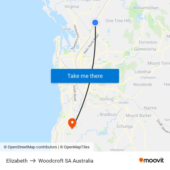 Elizabeth to Woodcroft SA Australia map