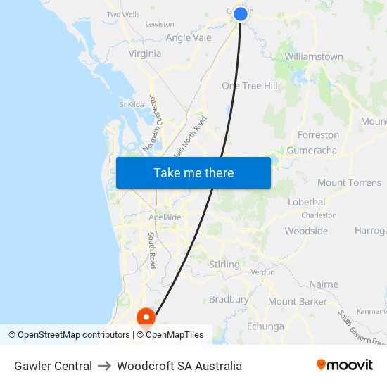 Gawler Central to Woodcroft SA Australia map