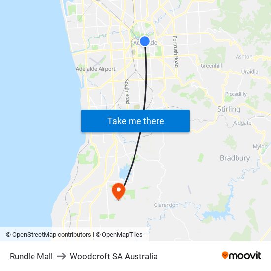 Rundle Mall to Woodcroft SA Australia map