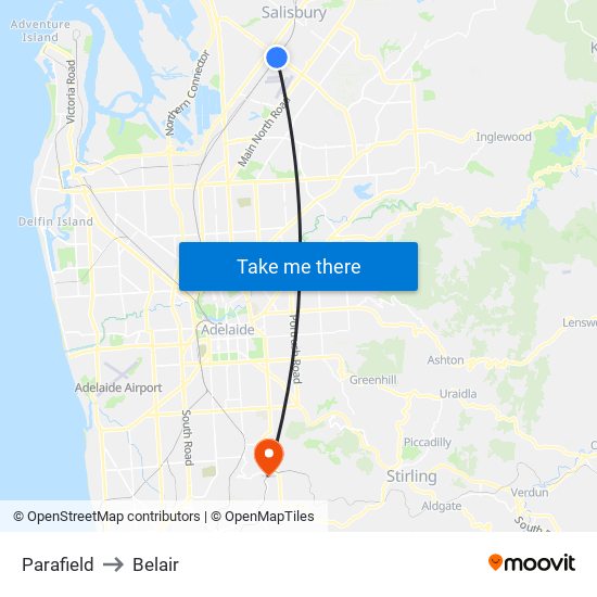 Parafield to Belair map