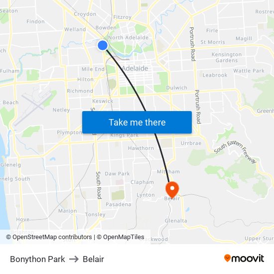 Bonython Park to Belair map