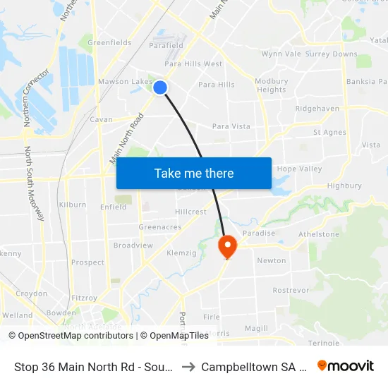 Stop 36 Main North Rd - South East side to Campbelltown SA Australia map