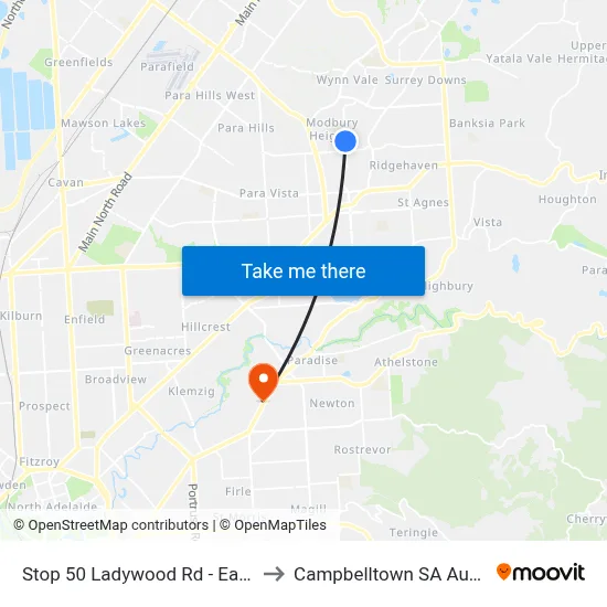 Stop 50 Ladywood Rd - East side to Campbelltown SA Australia map