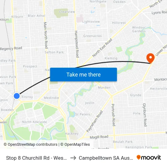 Stop 8 Churchill Rd - West side to Campbelltown SA Australia map