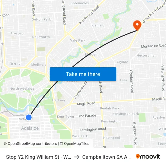 Stop Y2 King William St - West side to Campbelltown SA Australia map