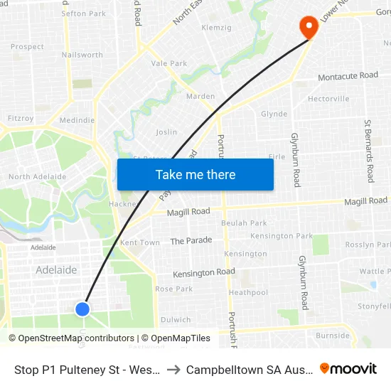 Stop P1 Pulteney St - West side to Campbelltown SA Australia map