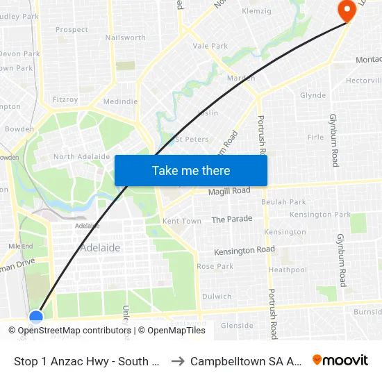 Stop 1 Anzac Hwy - South East side to Campbelltown SA Australia map