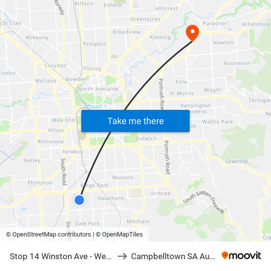 Stop 14 Winston Ave - West side to Campbelltown SA Australia map