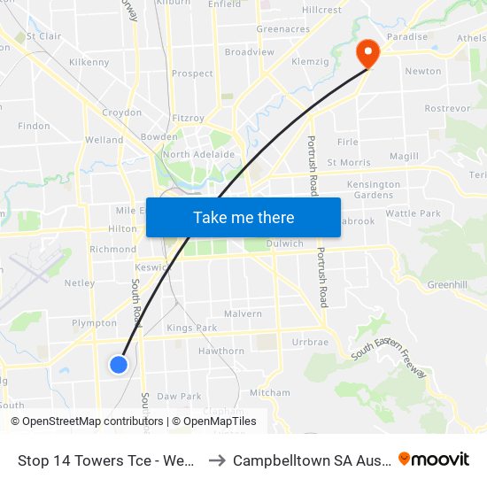 Stop 14 Towers Tce - West side to Campbelltown SA Australia map