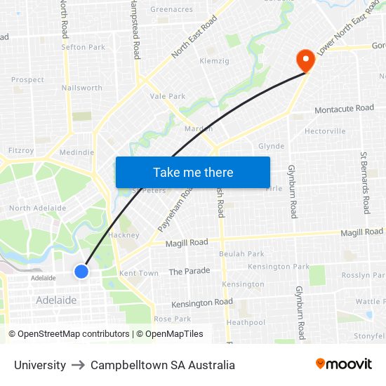 University to Campbelltown SA Australia map