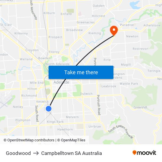 Goodwood to Campbelltown SA Australia map