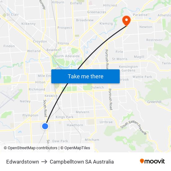 Edwardstown to Campbelltown SA Australia map