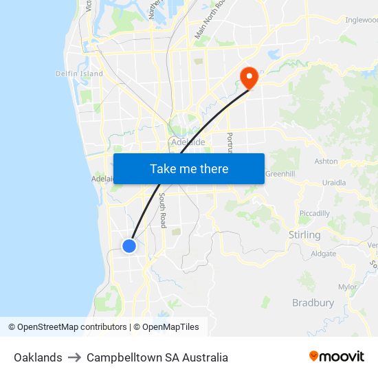 Oaklands to Campbelltown SA Australia map