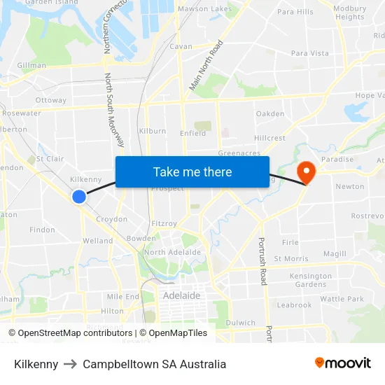 Kilkenny to Campbelltown SA Australia map