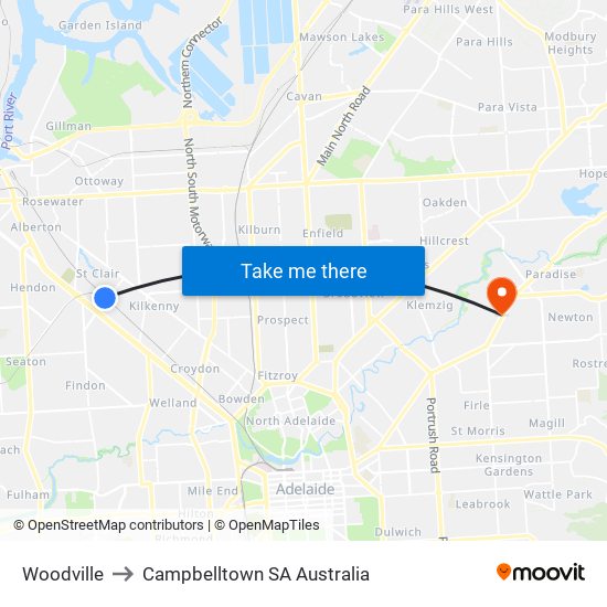 Woodville to Campbelltown SA Australia map