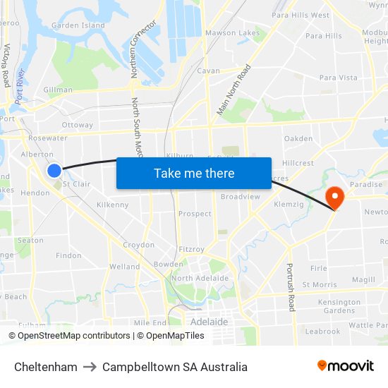 Cheltenham to Campbelltown SA Australia map