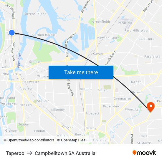 Taperoo to Campbelltown SA Australia map