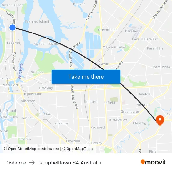 Osborne to Campbelltown SA Australia map