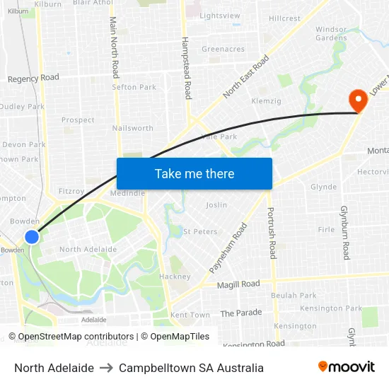 North Adelaide to Campbelltown SA Australia map