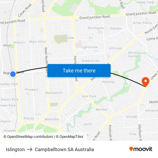 Islington to Campbelltown SA Australia map