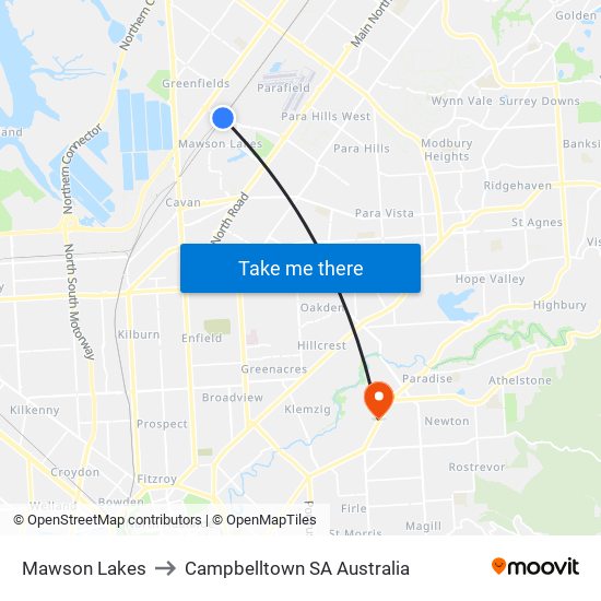 Mawson Lakes to Campbelltown SA Australia map