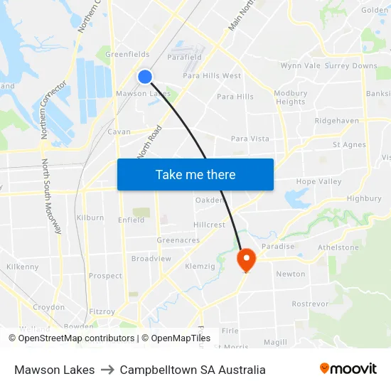 Mawson Lakes to Campbelltown SA Australia map