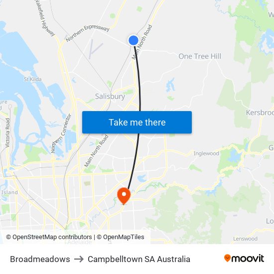 Broadmeadows to Campbelltown SA Australia map