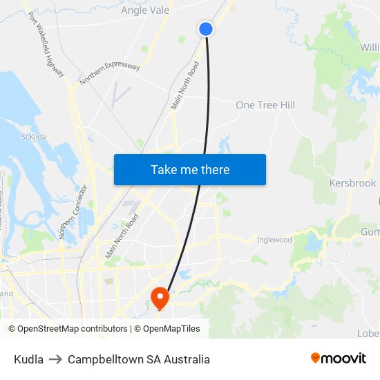 Kudla to Campbelltown SA Australia map