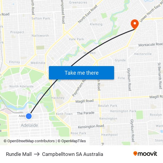 Rundle Mall to Campbelltown SA Australia map