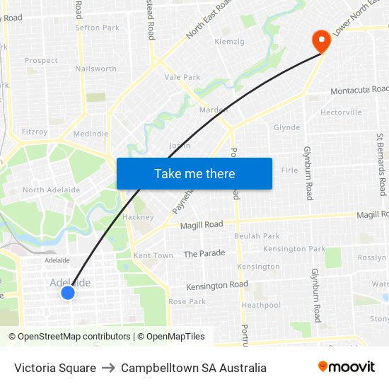 Victoria Square to Campbelltown SA Australia map