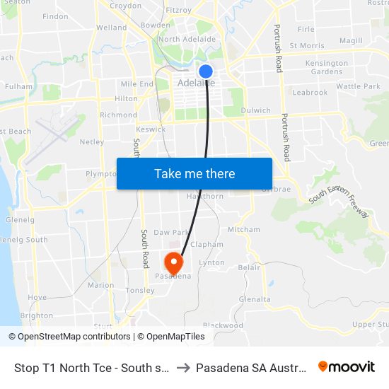 Stop T1 North Tce - South side to Pasadena SA Australia map